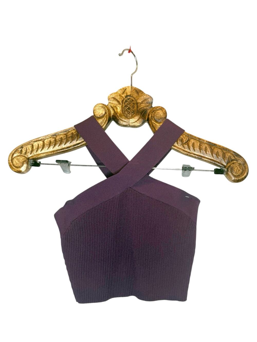 Babaton Aritzia Crop Top Ribbed Bodycon Cross over Halter High Neck Plum Purple